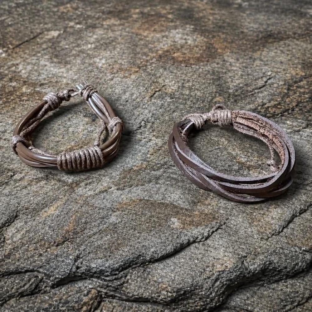 2Pcs Brown Multi Strand Leather Cord Couples Friendship Bracelets Set Gift NEW